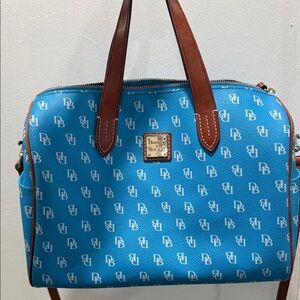 Dooney & Bourke Bright Teal Logo Satchel with Brown Leather Trim
